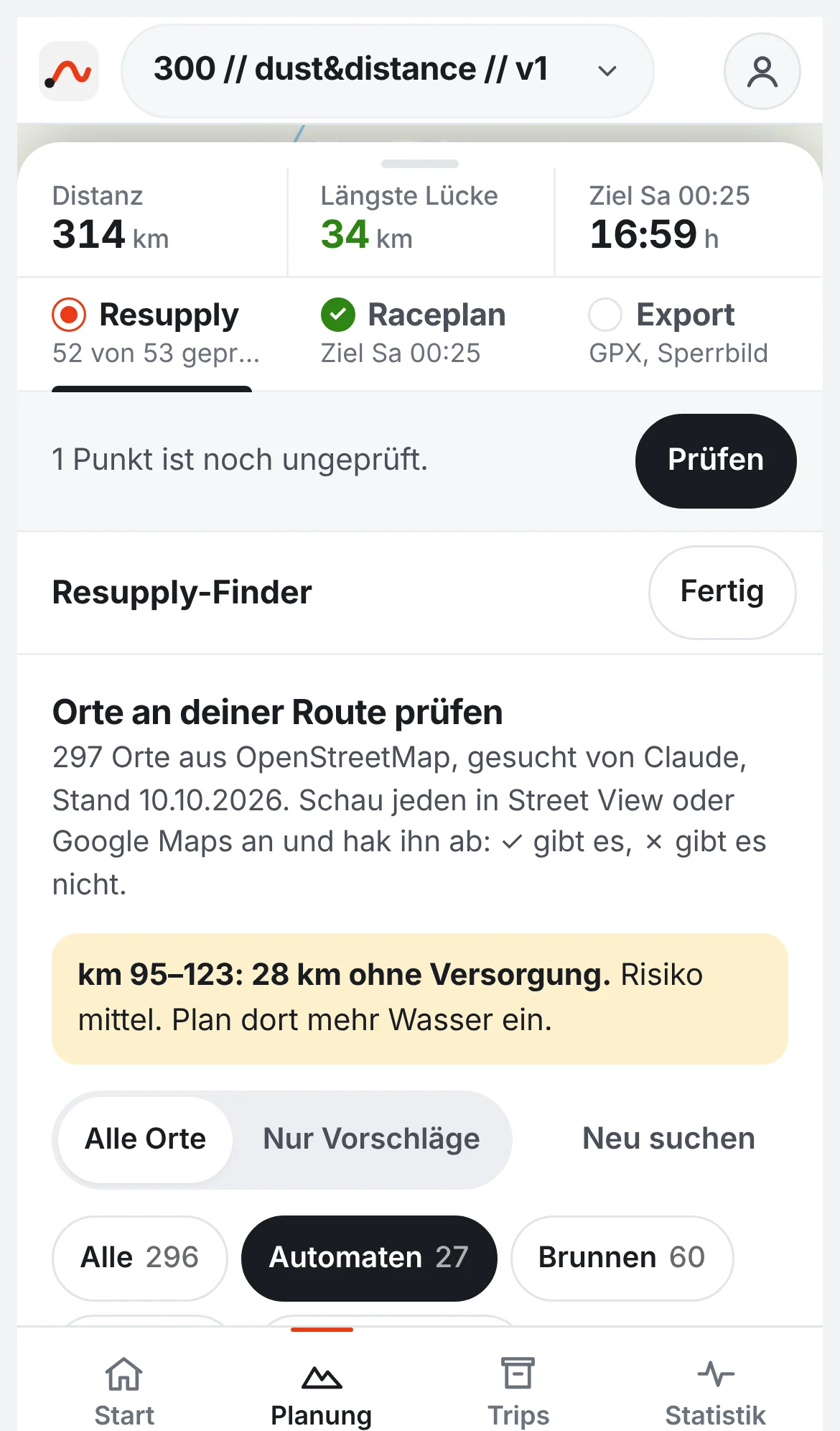 The list of places found along the route, filtered to vending machines, each with Street View and Maps buttons