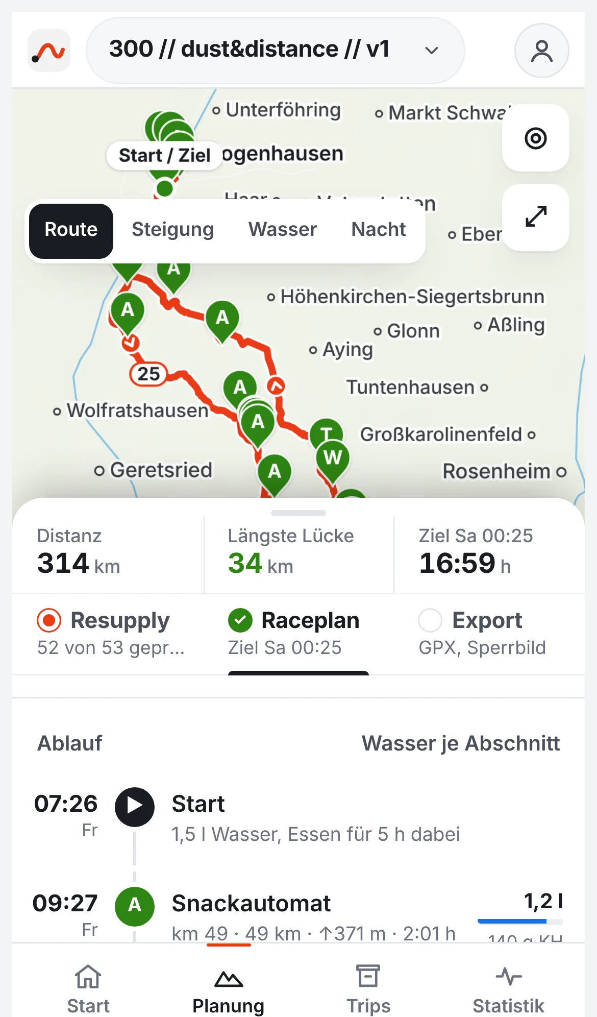 The race timeline in RYDN: arrival time, stop, what to refill there, and water needed for each leg