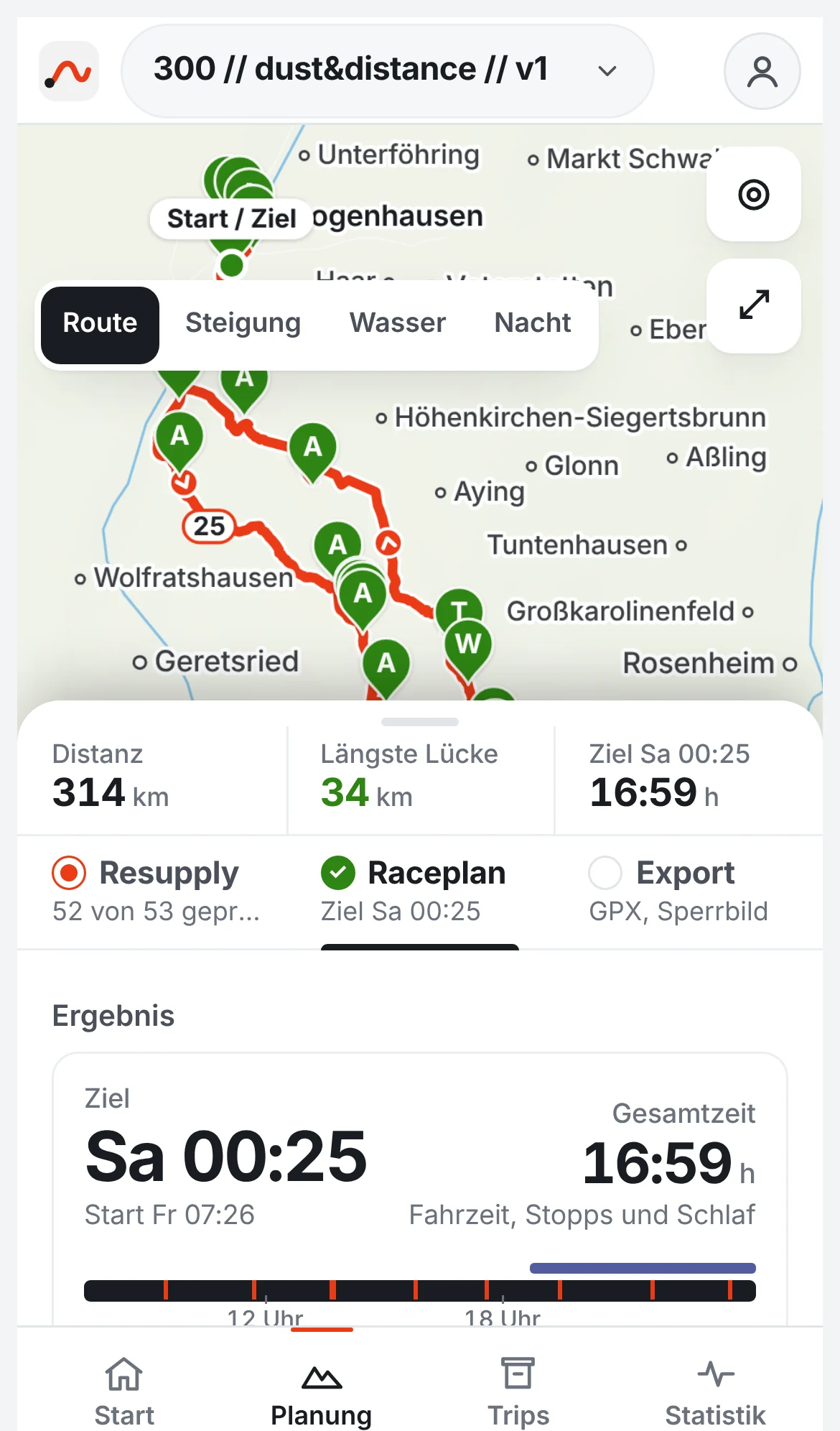 The race result in RYDN: finish Saturday 00:25, 16 hours 59 minutes total, with riding time, stops and time in the dark
